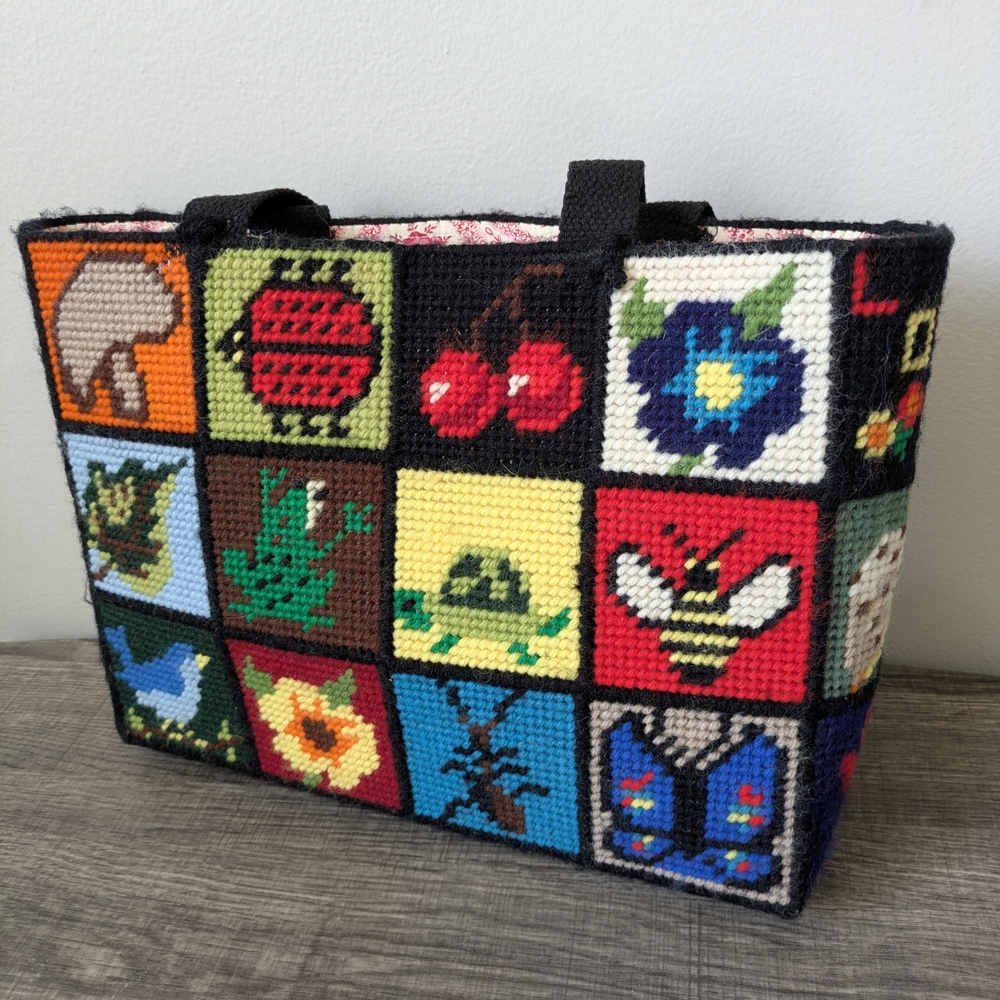 Vintage Handmade Needlepoint Tote Bag • Nature Patchwork Plastic Canvas • Mushro